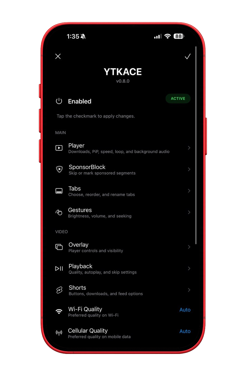YTKACE settings